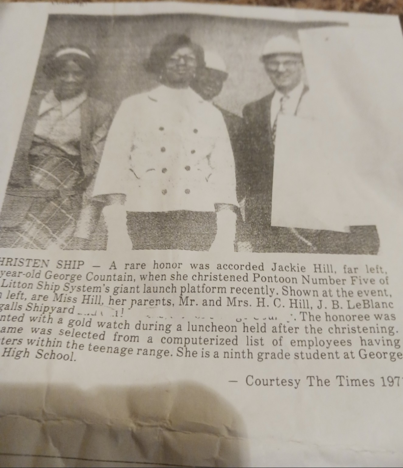 Newspaper clipping honoring young Jackie for christening Pontoon Number Five
